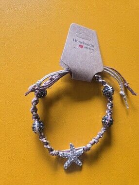 Beaded Hemp Macrame Starfish Bracelet in Pink & Cream